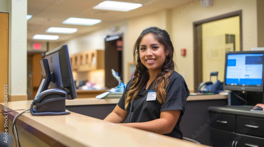 Portrait, nurse and receptionist at hospital on a computer working at her desk or table in an office as a black woman. Medical, healthcare professional or worker smile, happy and excited at work Portrait, nurse and receptionist at hospital on a computer working at her desk or table in an office as a black woman. Medical, healthcare professional or worker smile, happy and excited at work