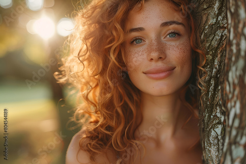 Beautiful woman with red curly hair outdoor. Forest bathing and hugging trees promotes stress reduction and prevents depression