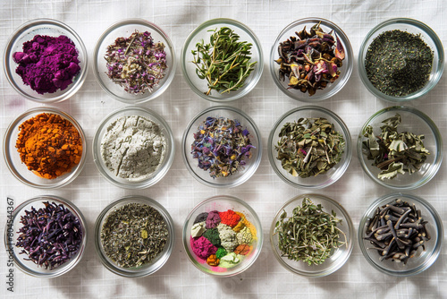 A collection of herbal and mineral pigments for watercolor, each in a small glass bowl, on a white canvas.