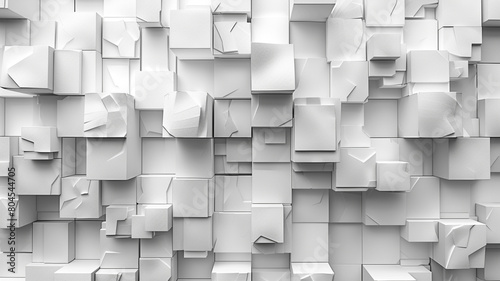 A sleek white abstract background with geometric patterns and three-dimensional cubes  adding depth and dimension to the composition.