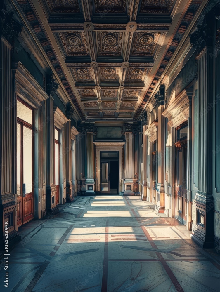 Magnificent Ornate Hallway with Grandiose Architectural Details in Historic Palace or Castle