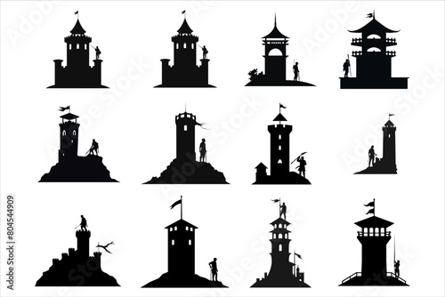 silhouette of the castle bundle set, Ancient castle silhouette bundle, Castle with towers fortified walls gates weather vanes and tiled roofs  