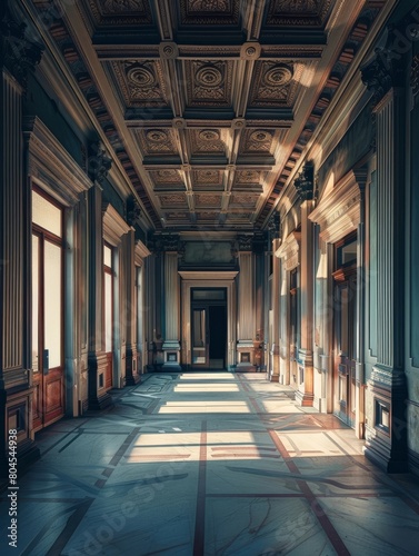Magnificent Ornate Hallway with Grandiose Architectural Details in Historic Palace or Castle