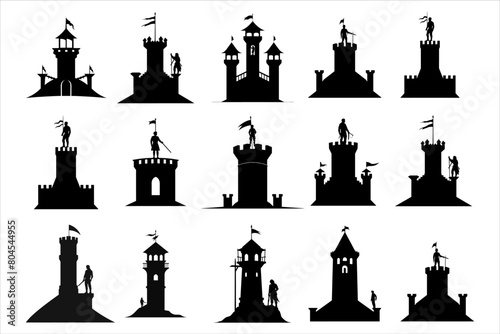 silhouette of the castle bundle set, Ancient castle silhouette bundle, Castle with towers fortified walls gates weather vanes and tiled roofs  