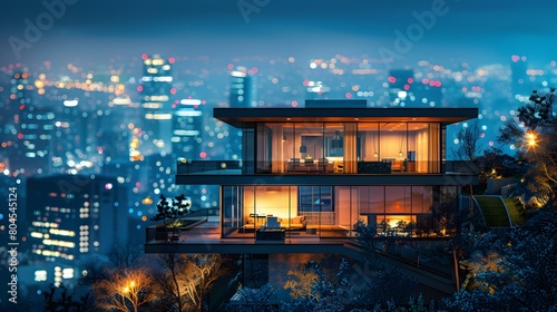 allure of real estate with a luxurious property agent presenting a modern home against a backdrop of city lights, enticing buyers with the promise of urban living. photo