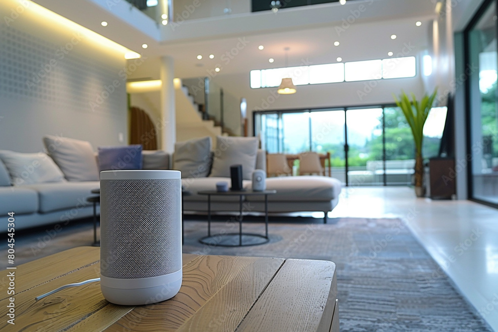 Modern-looking home with smart speakers lights and thermostat all connected and controlled through a single device, concept of Smart Home and Automation, Modern-looking home with smart speakers lights and thermostat all connected and controlled through a single device, concept of Smart Home and Automation,