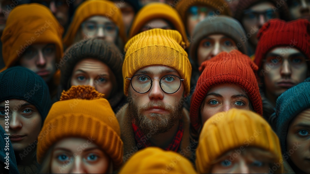 A group of people wearing hats and glasses are looking at the camera, AI