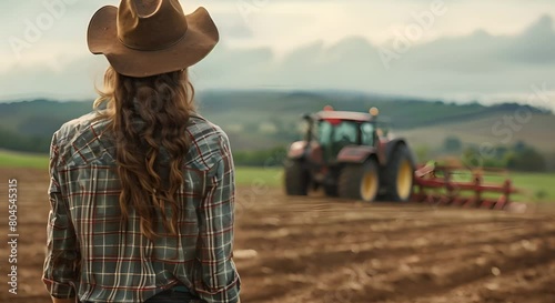 Female farmer working on farm with tractor in background. Concept Farm Life, Rural Landscape, Female Farmer, Tractor, Agriculture photo
