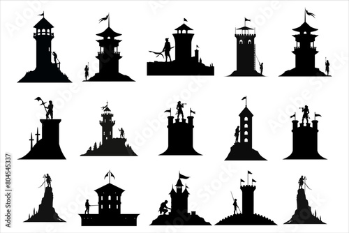 silhouette of the castle bundle set, Ancient castle silhouette bundle, Castle with towers fortified walls gates weather vanes and tiled roofs  