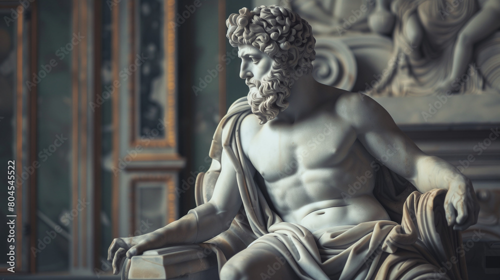 Statue of an epic stoic emperor in a Roman toga on his throne, philosophically meditating against a background adorned with reliefs in white marble. Wallpaper of wisdom, intelligence, and leadership. Statue of an epic stoic emperor in a Roman toga on his throne, philosophically meditating against a background adorned with reliefs in white marble. Wallpaper of wisdom, intelligence, and leadership.
