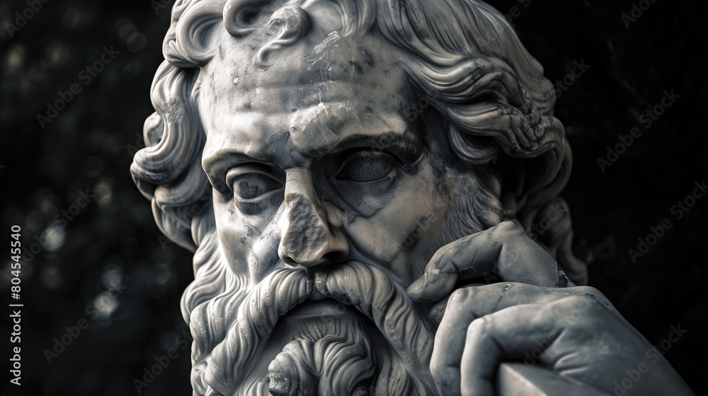 Classical marble sculpture of the head of an old greek man with beard with a detailed face and a hand, isolated over a dark foliage background.