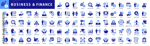 Finance icon set. With Concepts like Profit, Losses, Stock, Tax, Exchange, Budget, Funds, Earnings, Money and Revenue icons. Blue Colored Outline Icons Collection photo