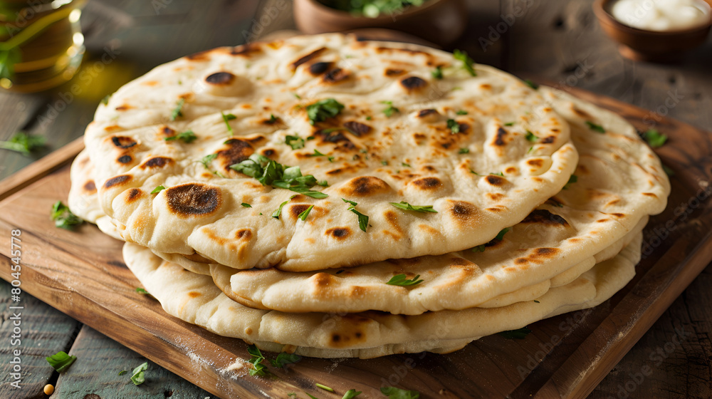 Stack of traditional naan bread on the table with a sprinkle of fresh coriander leaves and cooked in tandoor ai generative Stack of traditional naan bread on the table with a sprinkle of fresh coriander leaves and cooked in tandoor ai generative