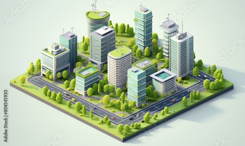 Isometric 3D Urban Landscape Vector Featuring Unique Green Building Designs.