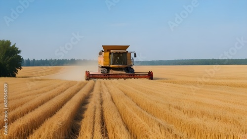 Harvesting tractor combine harvests wheat on a farmer field.