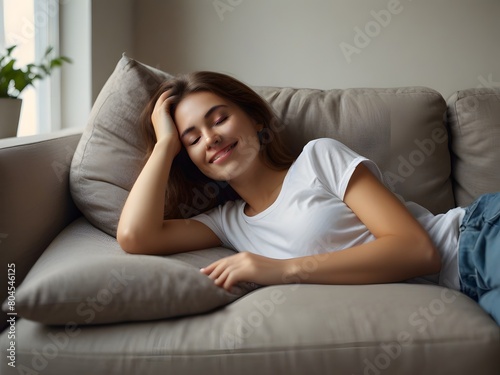 Relaxed young woman lying on sofa at home and dreaming