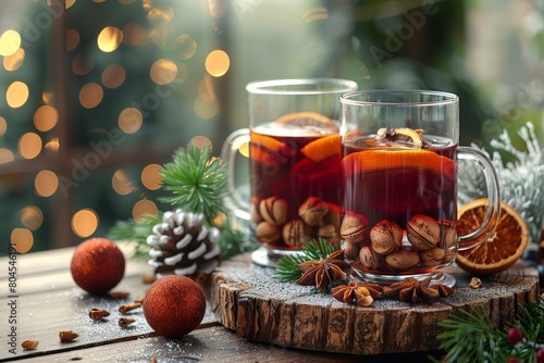 A warm and inviting image of mulled wine glasses with spices against glowing lights and pine cones photo