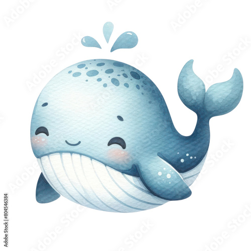 A cute cartoon whale with a friendly smile on its face. The whale is blue and white with a spout of water coming out of its blowhole. photo