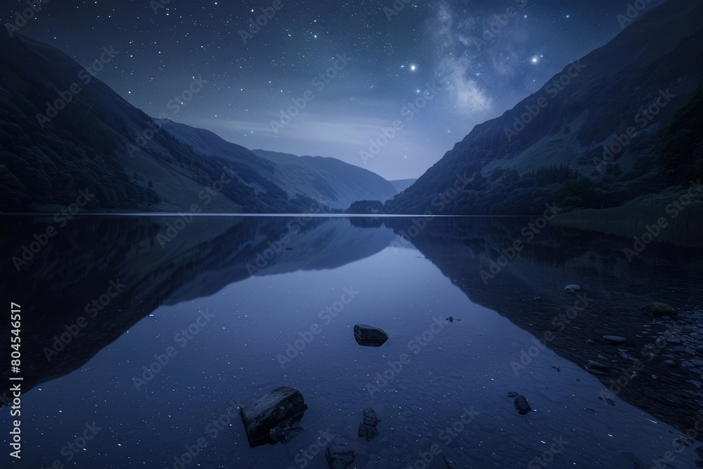 Starry Night Reflection in Serene Lake Landscape with Majestic Mountains