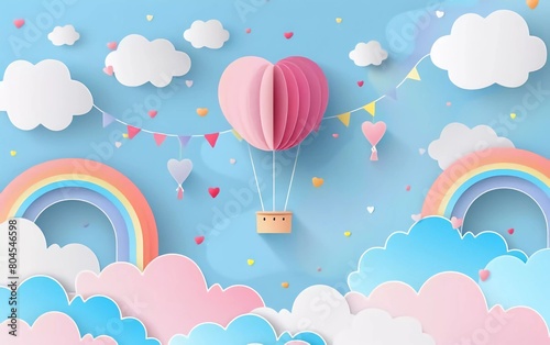 Kids, travel, travel, valentine's day sale header or voucher cute template with balloons, very beautiful rainbow hanging