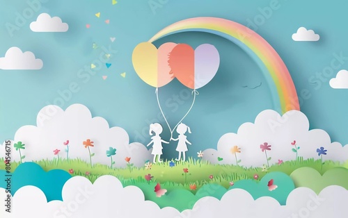 Kids, travel, travel, valentine's day sale header or voucher cute template with balloons, very beautiful rainbow hanging
