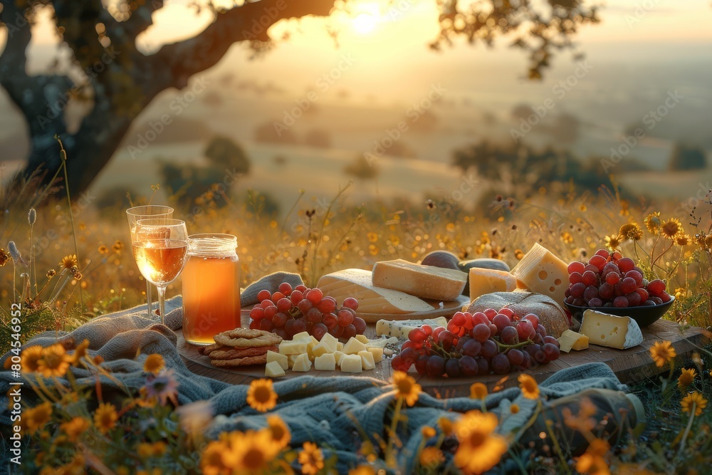 A beautifully arranged cheese platter accompanied by a glass of wine and fresh honey, bathed in golden hour light