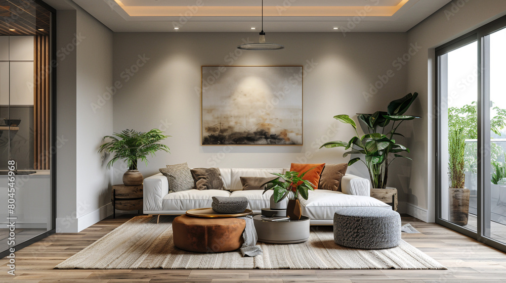Scandinavian living room interior, focus on clean lines, empty wall