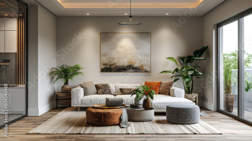 Scandinavian living room interior, focus on clean lines, empty wall