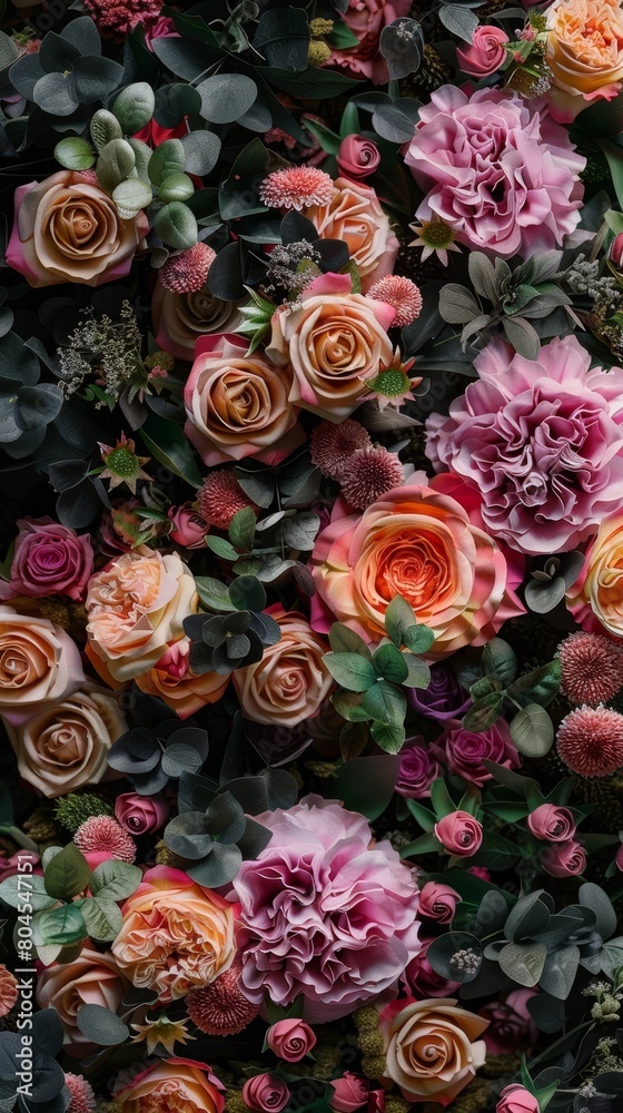 Vibrant Floral Bouquet with Lush Roses and Peonies in Dramatic,Moody Lighting Vibrant Floral Bouquet with Lush Roses and Peonies in Dramatic,Moody Lighting