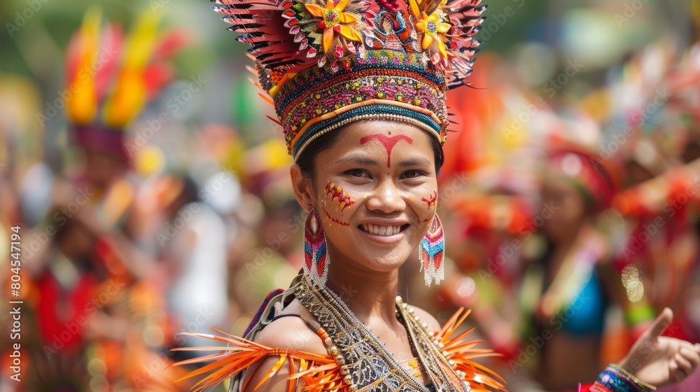 A woman wearing a vibrant headdress looks directly at the camera and smiles warmly in a joyful expression of happiness.