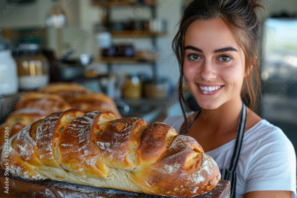 A young female baker presenting fresh bread with pride in a vibrant bakery setting A young female baker presenting fresh bread with pride in a vibrant bakery setting