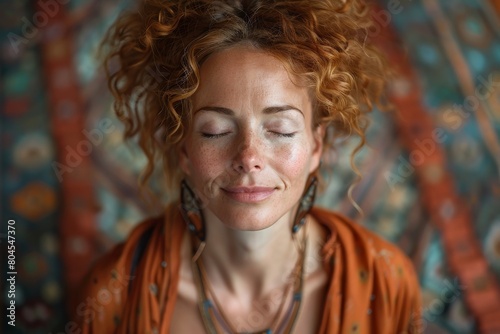 A serene woman with red hair and closed eyes meditates, exuding a sense of calm and inner peace