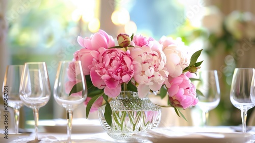 Festive table setting with lush pink peonies