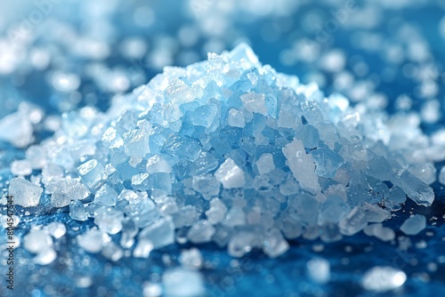 Macro shot revealing intricate details and textures of the blue sugar crystals with a shimmering effect photo