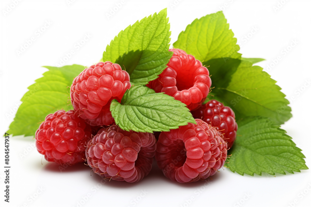 A cluster of ripe raspberries nestled in green foliage on a sunny day, isolated on solid white background. A cluster of ripe raspberries nestled in green foliage on a sunny day, isolated on solid white background.