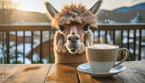 crazy angry alpaca drink a cup of coffee upset that there is sugar in it. Who put that much sugar in the coffee photo