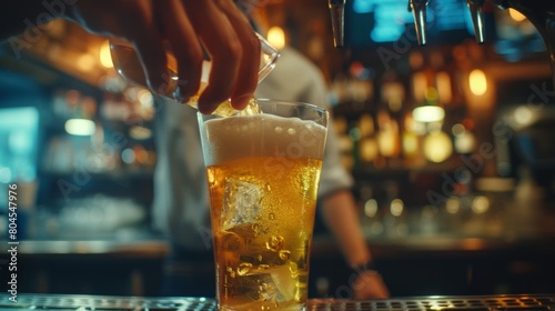 A closeup of a bartender pouring a refreshing pint of a crisp zeroalcohol pilsner. photo