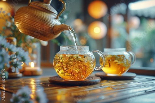 A visually stunning tea brewing moment captured during golden hour, offering warmth and a touch of artistry