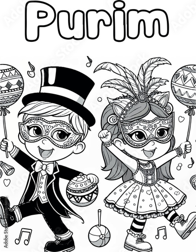 PURIM coloring page. Carnival, children dancing in costumes Black and white linear vector illustration. Coloring pages for children.