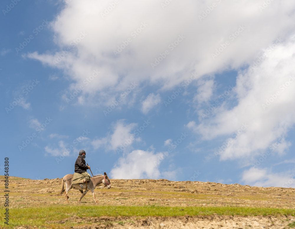 A man is riding a donkey on a hill. The sky is blue and there are clouds in the background