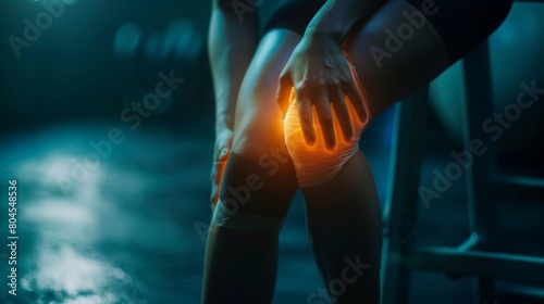 woman suffering from pain in knee pain due to bone disease, knee joint degeneration osteoarthritis, tendonitis or tear, exercise injury or injuries from accidents, show holograms, x-rays health care