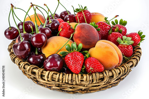 A mix of summer fruits, including strawberries, cherries, and peaches, in a charming wicker basket, isolated on a white background. © Hanzala