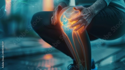 Elderly woman suffering from pain in knee pain due to bone disease, knee joint degeneration osteoarthritis, tendonitis or tear, exercise injury or injuries from accidents, show holograms, x-rays photo