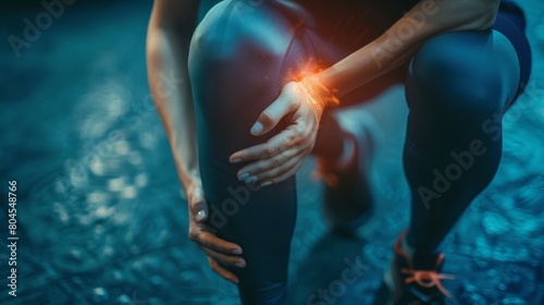 woman suffering from pain in knee pain due to bone disease, knee joint degeneration osteoarthritis, tendonitis or tear, exercise injury or injuries from accidents, show holograms, x-rays health care