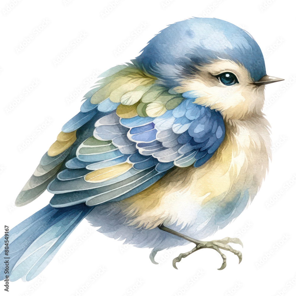 Fototapeta premium A watercolor painting of a cute blue bird with a yellow belly and a blue head.