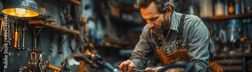 bearded man in a workshop sharpens a knife on a grindstone photo