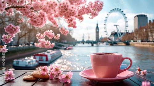 Pink Cup of Coffee with Cookies and Sakura Blossoms