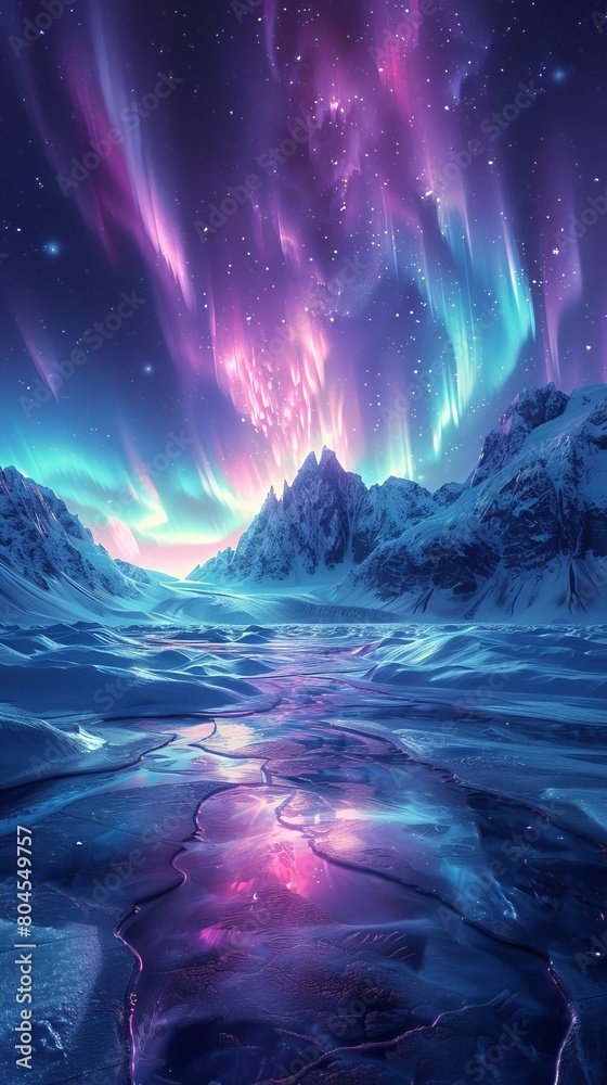 A digital art vision of an ice world where auroras dance on the surface of frozen oceans, in a serene, captivating style