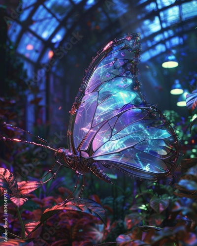 A glowing cybernetic butterfly, with transparent wings, fluttering in a neon-lit botanical dome © Shutter2U