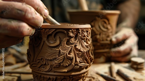 A potter carefully carves intricate details into the surface of a clay mug adding personal touches to the piece.